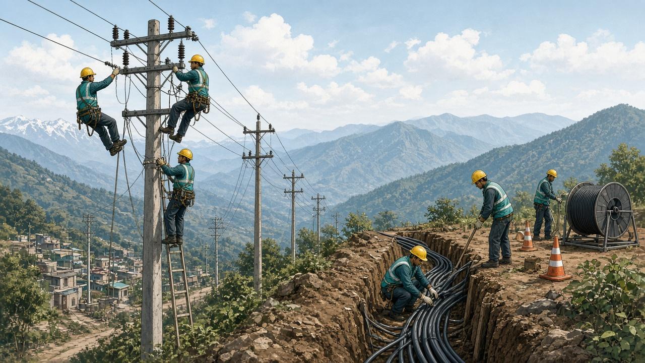 Utility workers installing high-tension overhead lines on a distribution pole